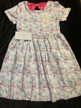 Girls Rainbow & Umbrella Skater Dress with Pink Bow